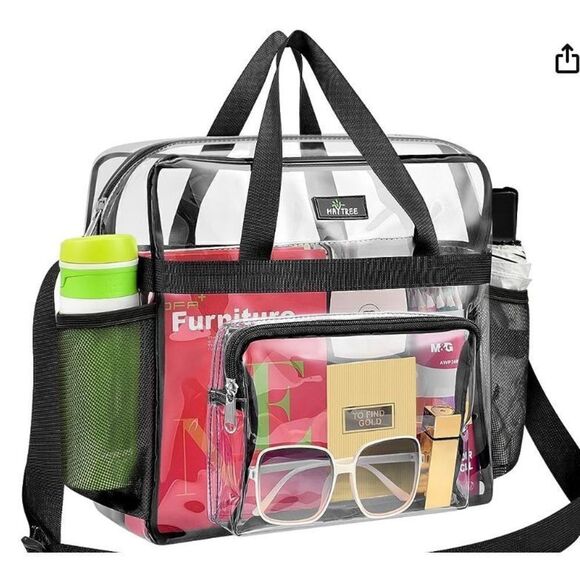 MAY TREE Clear Tote Shoulder  Stadium‎ Bag with Black Trim 11X4X15 - Picture 1 of 8